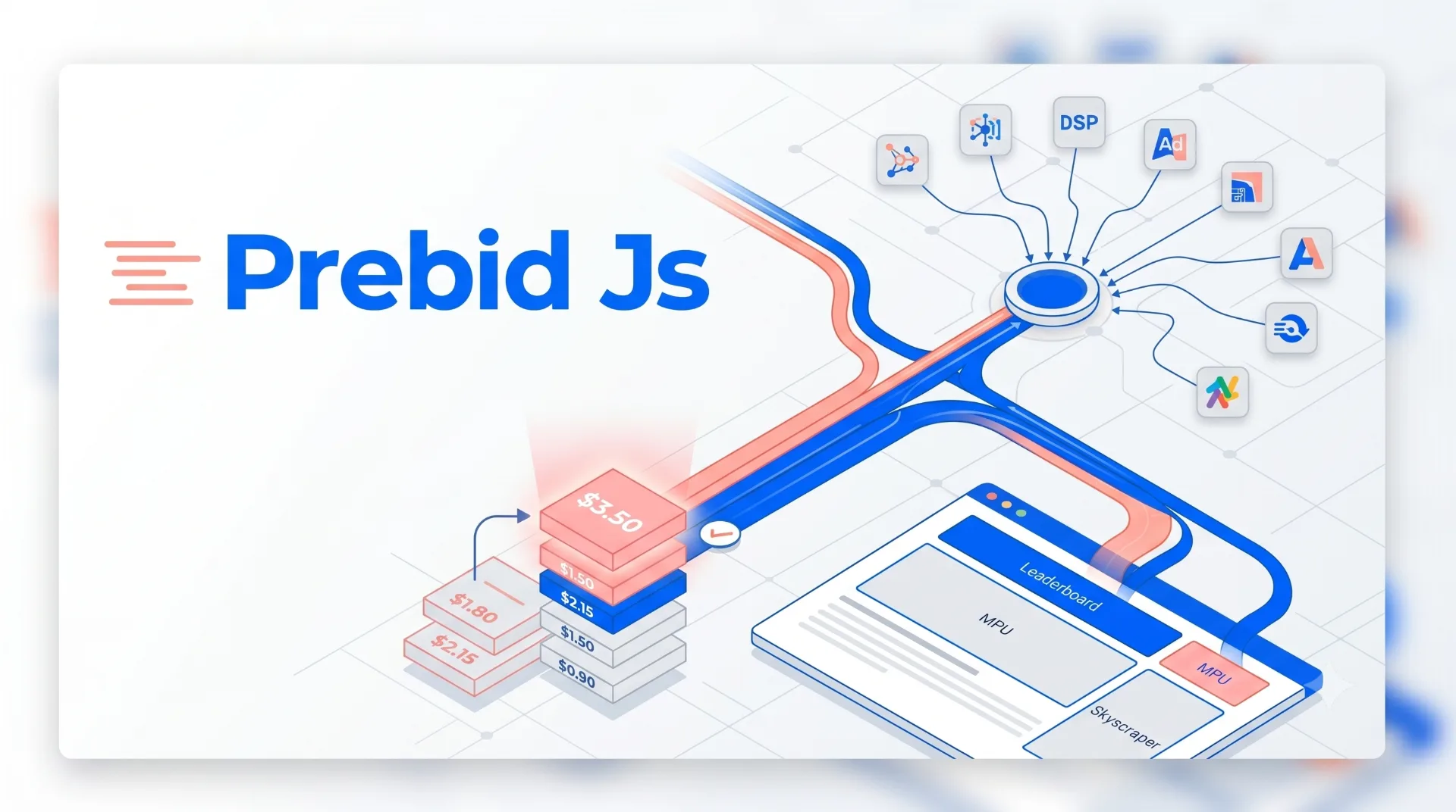 Diagrama do Prebid.js mostrando o leilão de lances, com múltiplas ofertas e seleção do maior valor para anúncios.
