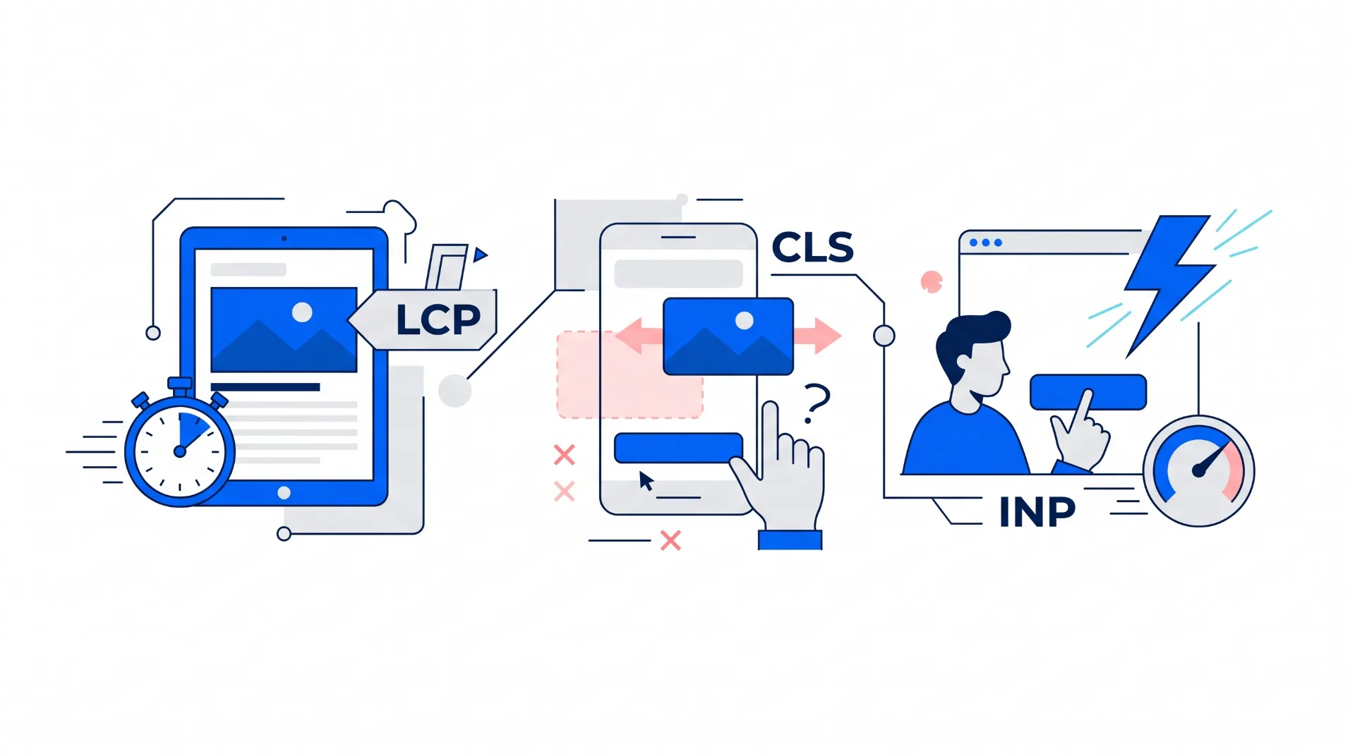 Ilustração dos Core Web Vitals LCP, CLS e INP, mostrando carregamento, instabilidade de layout e interatividade.