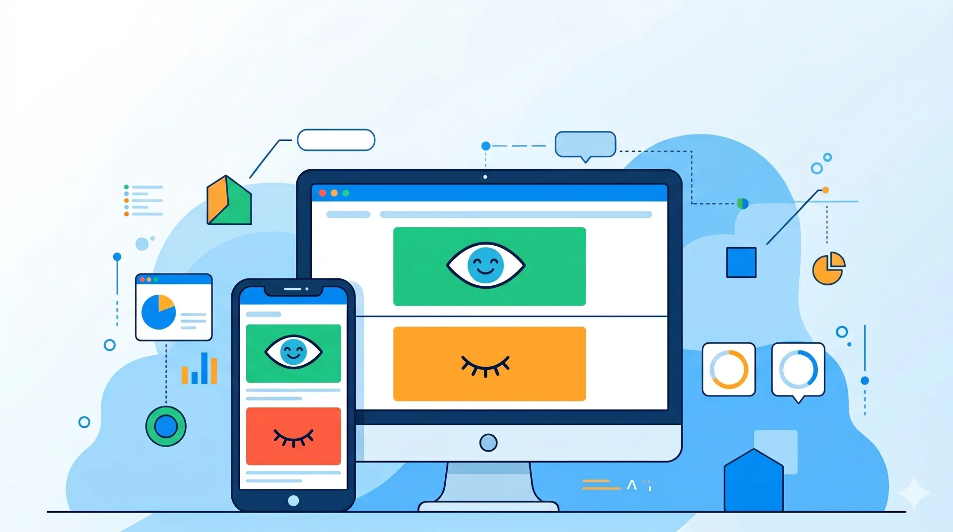 Viewability: ilustração de tela de computador e celular com ícones de olhos abertos e fechados e gráficos de dados.